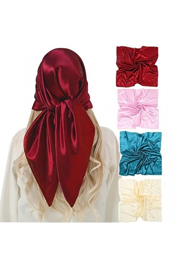 KAVINGKALY 4 Pack Foulard Carré Femmes 90cmx90cm Square Motif dImpression Satin de Soie Bandanas Cheveux Bandeau Mouchoir Ec