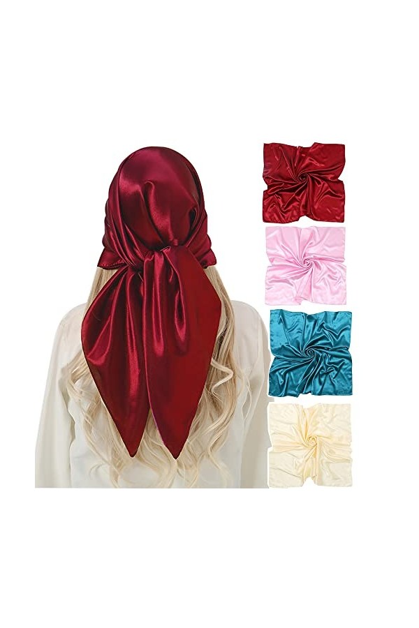 KAVINGKALY 4 Pack Foulard Carré Femmes 90cmx90cm Square Motif dImpression Satin de Soie Bandanas Cheveux Bandeau Mouchoir Ec