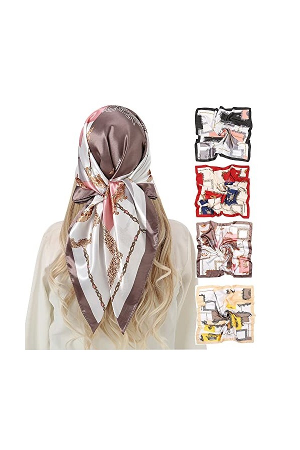 KAVINGKALY 4 Pack Foulard Carré Femmes 90cmx90cm Square Motif dImpression Satin de Soie Bandanas Cheveux Bandeau Mouchoir Ec