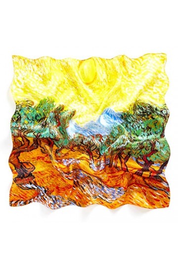 prettystern Femme Bandana Foulard de Soie 50cm carré peinture imprimé Vincent van Gogh Oliviers au ciel jaune P192