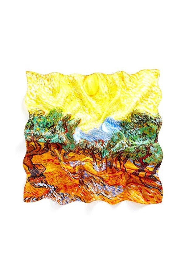 prettystern Femme Bandana Foulard de Soie 50cm carré peinture imprimé Vincent van Gogh Oliviers au ciel jaune P192