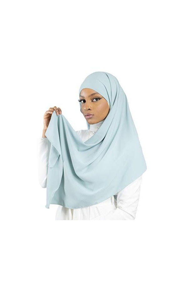 Hijab à enfiler avec bonnet à nouer en soie de médine Luxueux pour femme musulmane voilée HE700 Vert pastel 