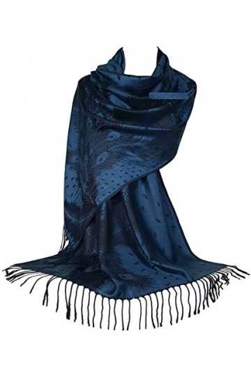 GFM® Écharpe ou châle élégant style pashmina en plumes de paon -bleu marine- PCKPASH-P1 