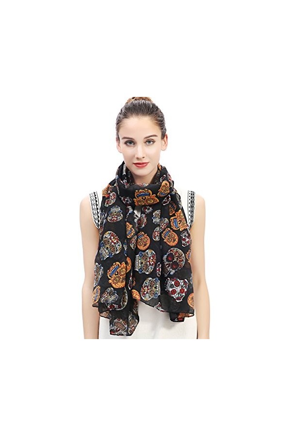 Lina & Lily Écharpe Foulard pour Femme Imprimé Crâne le jour de la morts Noir 