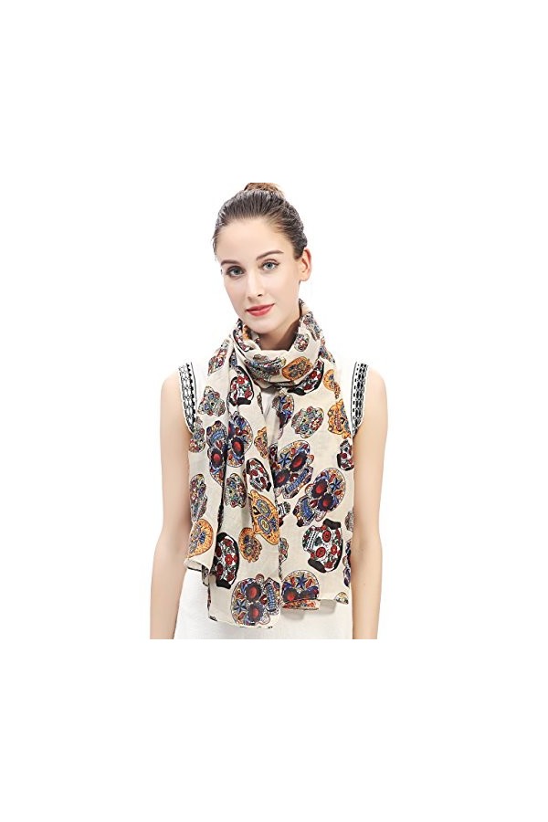 Lina & Lily Écharpe Foulard pour Femme Imprimé Crâne le jour de la morts Noir 