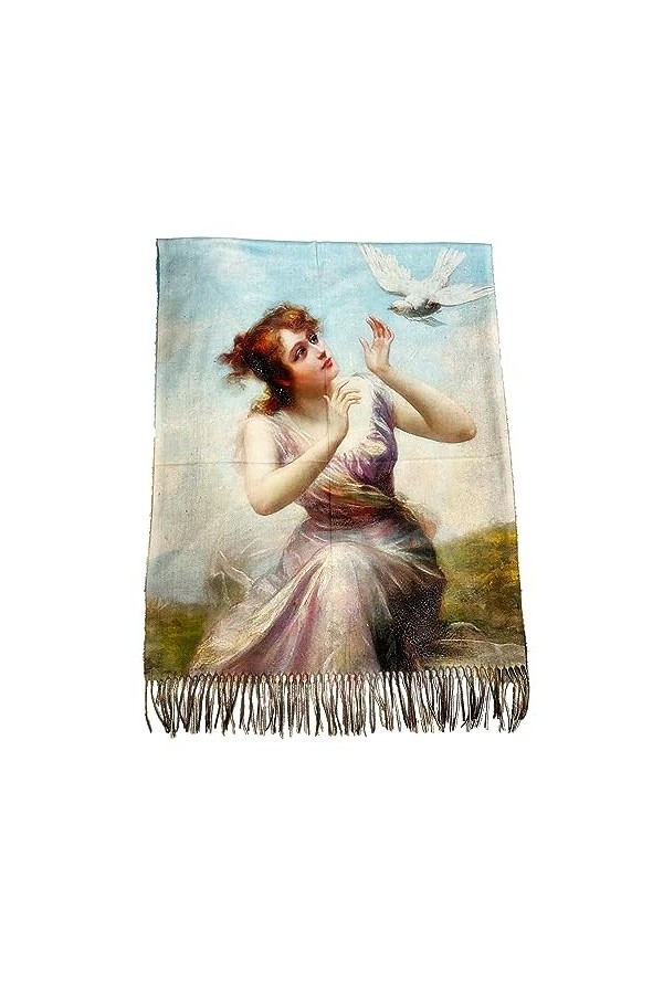 Écharpe dautomne XXL en coton - Écharpe de transition - Ange, fleurs, oiseau, viscose - Motif artistique, Femme, 71 x 180 cm