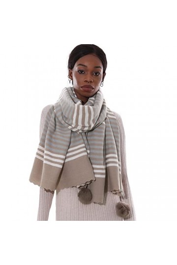 PIOYMEYA Grande Longues Écharpe Châle Kaki Verdâtre Pashmina Femme Etole Hiver Chaud Style rayé（avec boule de poils）