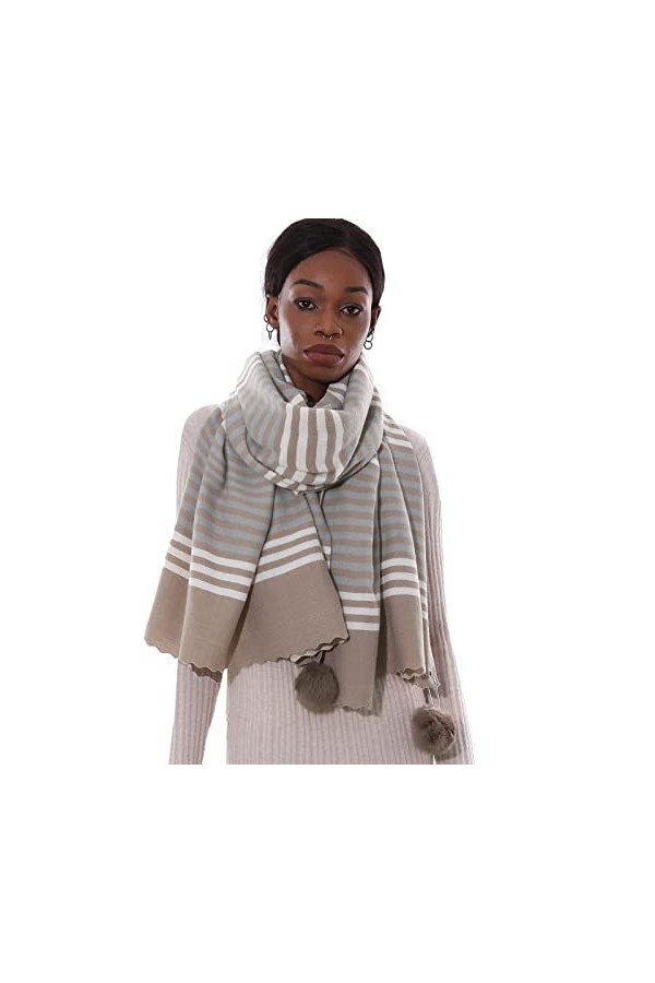 PIOYMEYA Grande Longues Écharpe Châle Kaki Verdâtre Pashmina Femme Etole Hiver Chaud Style rayé（avec boule de poils）
