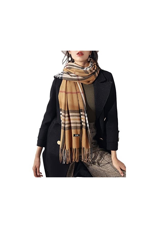 Gebell Écharpe tartan pour femme – Écharpes dhiver longues douces et chaudes à carreaux en laine pour femme, beige, taille u