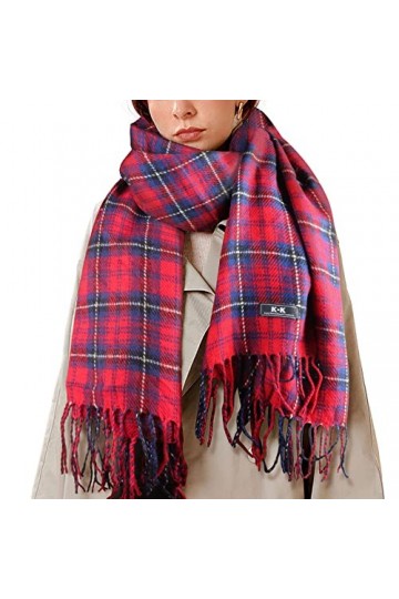 Écharpe tartan pour femme - Longue écharpe dhiver pour femme, douce et chaude - Style britannique - Avec pompons, Rouge-a, t