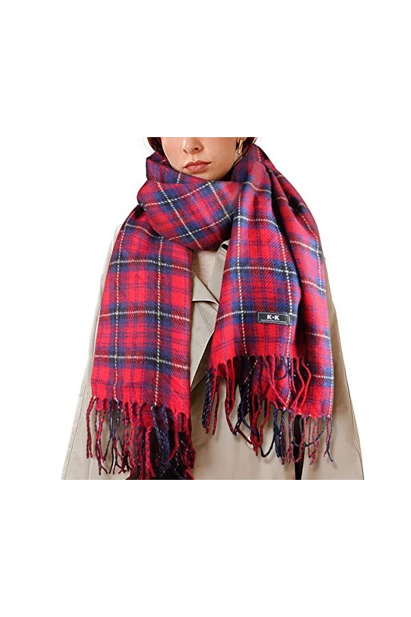 Écharpe tartan pour femme - Longue écharpe dhiver pour femme, douce et chaude - Style britannique - Avec pompons, Rouge-a, t