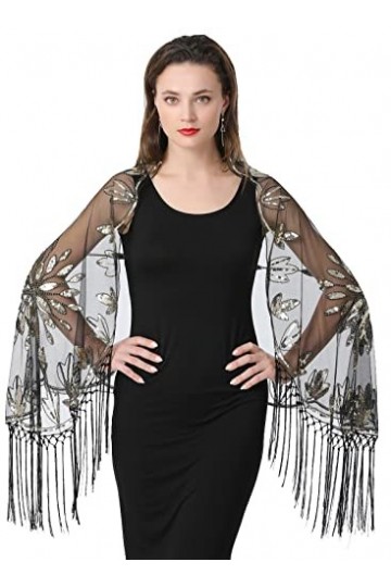 BESTORI Femme Foulard Broderie Frange Châle En Maille Mousseline Étole pour Mariage Bal Soirée Fête Noir