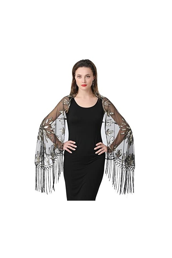 BESTORI Femme Foulard Broderie Frange Châle En Maille Mousseline Étole pour Mariage Bal Soirée Fête Noir