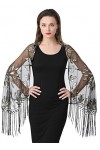 BESTORI Femme Foulard Broderie Frange Châle En Maille Mousseline Étole pour Mariage Bal Soirée Fête Noir