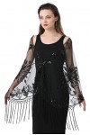 BESTORI Femme Foulard Broderie Frange Châle En Maille Mousseline Étole pour Mariage Bal Soirée Fête Noir
