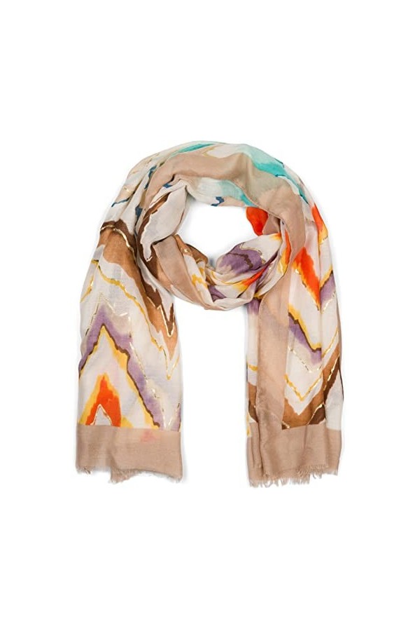 styleBREAKER Écharpe pour femme avec motif zigzag coloré et accents métalliques, étole multicolore dentelée 01016221, marron,