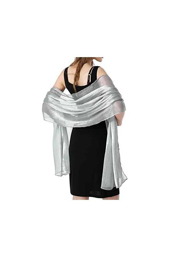 Ladiery Étole triangulaire en dentelle festive pour robes de soirée avec pompons pour soirée, fête, mariage, argenté, 200×68 