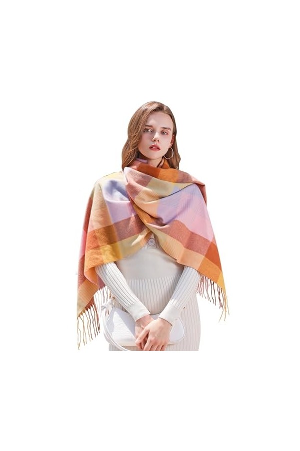 Longwu Femmes Tartan écossais Multicolore Dames écharpe et châle Wrap Cachemire Sensation Hiver Doux Chaud Longues Grandes éc
