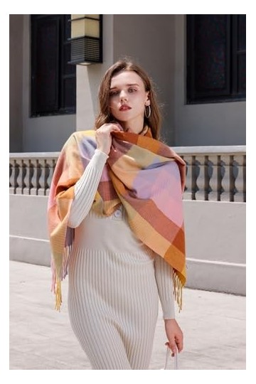 Longwu Femmes Tartan écossais Multicolore Dames écharpe et châle Wrap Cachemire Sensation Hiver Doux Chaud Longues Grandes éc