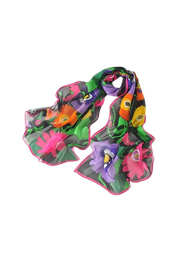 prettystern - 165cm longue écharpe de soie handrolled avec printanières motif - fleurs - Violet