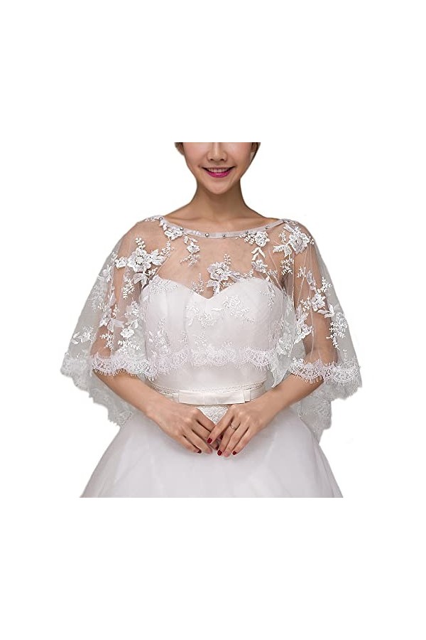 CHIC DIARY Élégant étole femme dentelle festive cape tulle blanc cape boléros pour robe de mariée robe de soirée, Blanc., tai