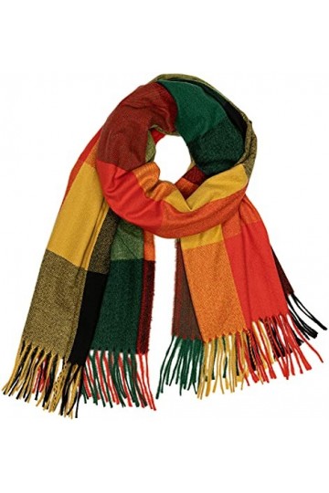 Caspar SC510 Écharpe dhiver pour femme avec franges et carreaux Taille XL, Vert, orange, jaune., taille unique