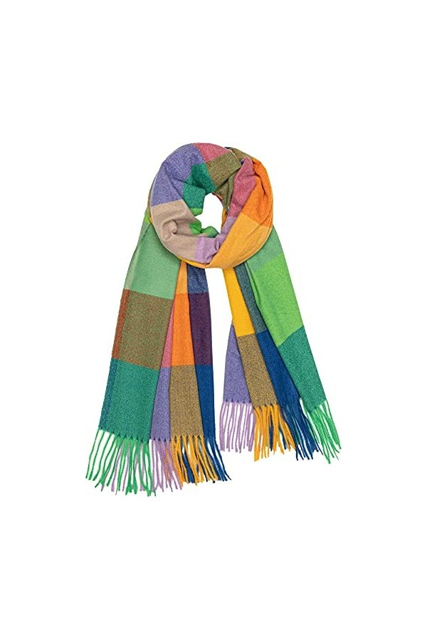 Caspar SC510 Écharpe dhiver pour femme avec franges et carreaux Taille XL, Vert, orange, jaune., taille unique