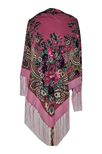 Écharpe pour femme en cachemire rose avec cachemire et fleurs, avec franges, étole de qualité supérieure - Très haute qualité