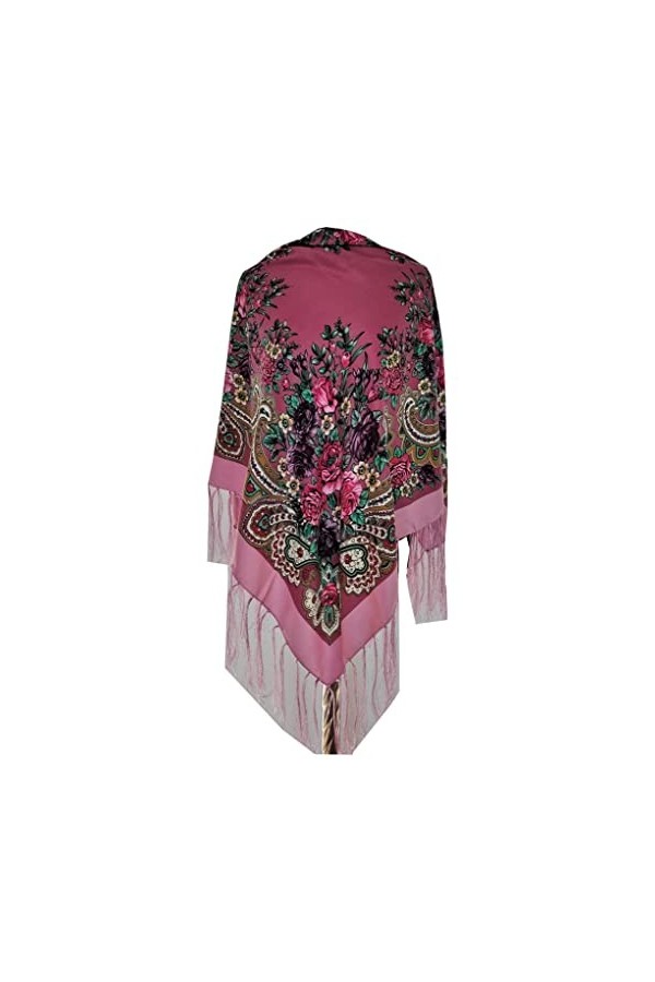 Écharpe pour femme en cachemire rose avec cachemire et fleurs, avec franges, étole de qualité supérieure - Très haute qualité