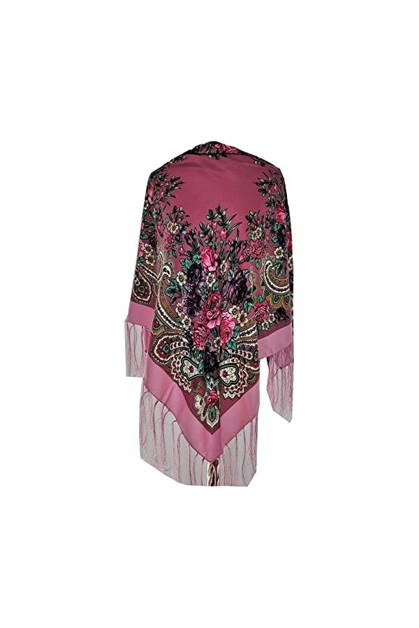 Écharpe pour femme en cachemire rose avec cachemire et fleurs, avec franges, étole de qualité supérieure - Très haute qualité