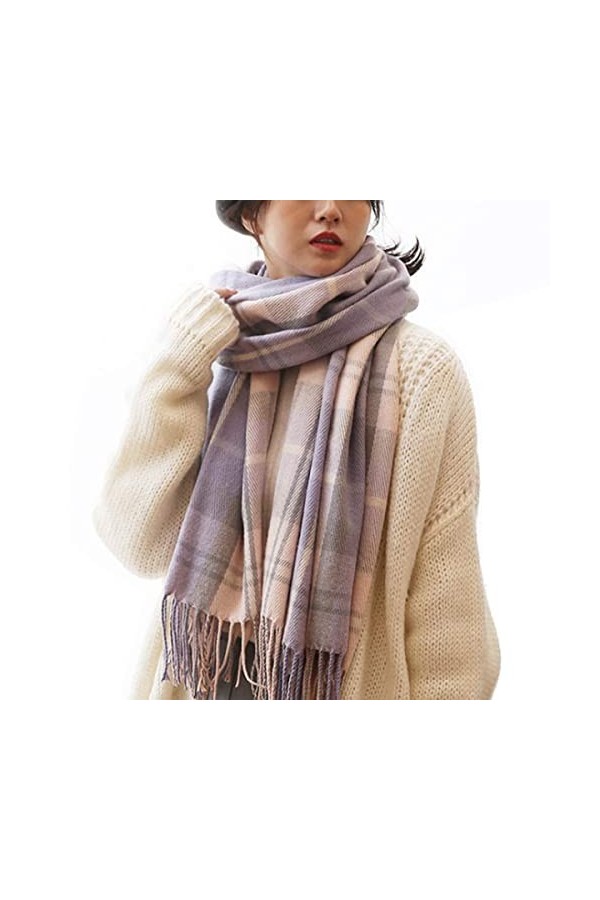Écharpe dhiver douce à carreaux en cachemire pour femme - Laine chaude et rotative - Longue étole, violet