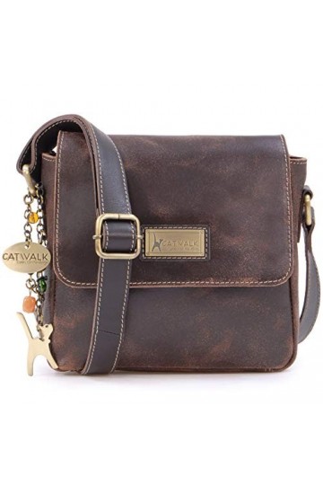 Catwalk Collection Handbags - Cuir Vintage Texture - Petit Sac Bandoulière/Besace/Sac Porté Croisé/Messenger pour iPhone/Kind