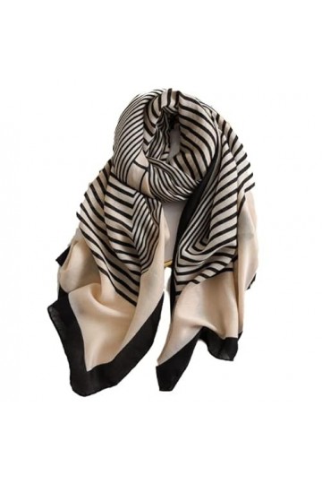 LA FERANI Foulard en coton ligné pour femme - Beige et noir - Léger - 180 x 90 cm - Vintage - Léger - Cadeau pour fille et mè