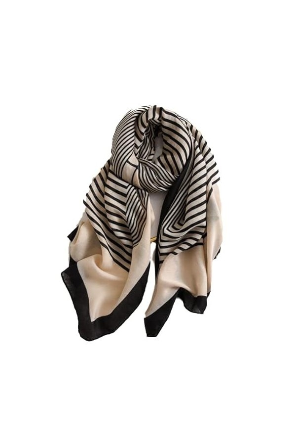 LA FERANI Foulard en coton ligné pour femme - Beige et noir - Léger - 180 x 90 cm - Vintage - Léger - Cadeau pour fille et mè
