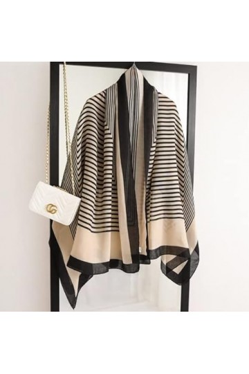 LA FERANI Foulard en coton ligné pour femme - Beige et noir - Léger - 180 x 90 cm - Vintage - Léger - Cadeau pour fille et mè