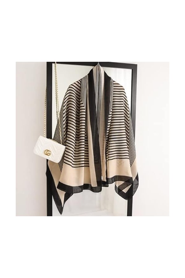 LA FERANI Foulard en coton ligné pour femme - Beige et noir - Léger - 180 x 90 cm - Vintage - Léger - Cadeau pour fille et mè