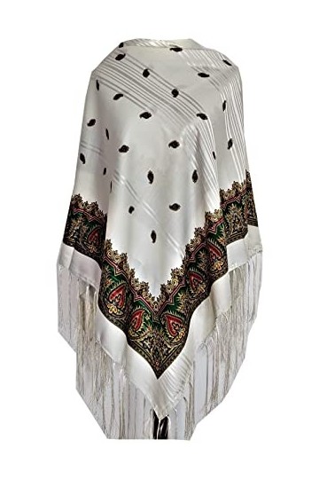 Generic Grand foulard pour femme avec cachemire et fleurs, avec franges, étole de qualité supérieure 115 cm x 115 cm, Blanc.