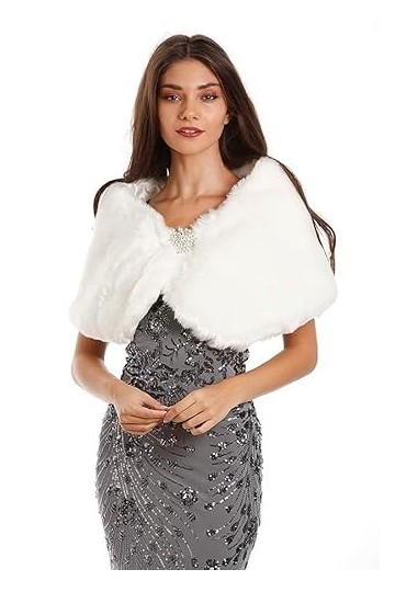 Central Chic Châle en fausse fourrure blanche pour femme pour fête de mariage dhiver avec broche brillante, blanc, taille un