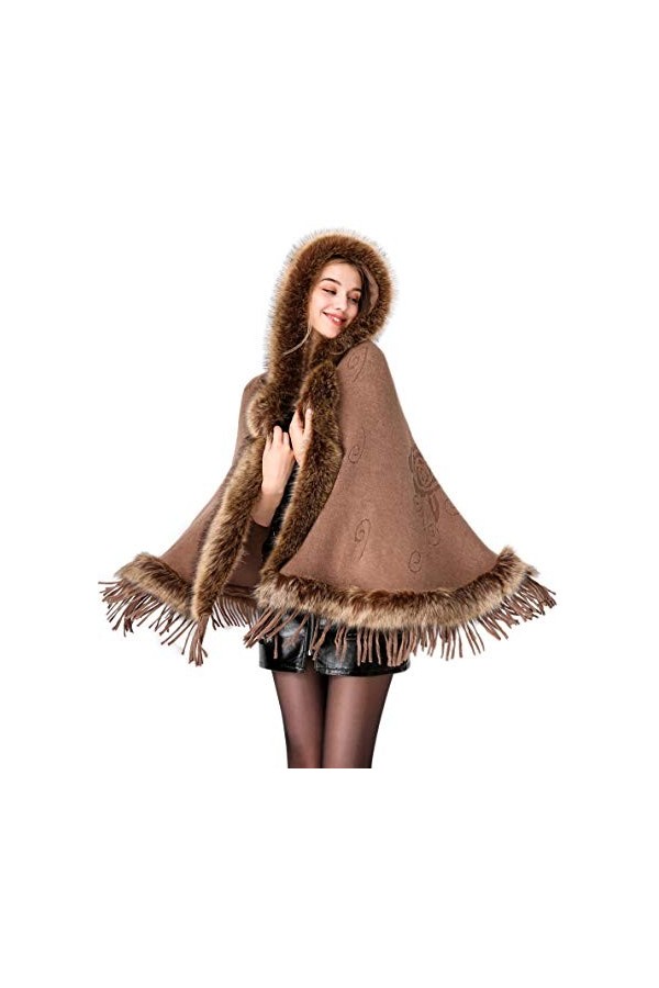 BEAUTELICATE Poncho Fourrure Cape à Capuche Châle Étole Tricoté Manteau Chaud pour Femme Hiver Mariage Soirée Mariée Demoisel