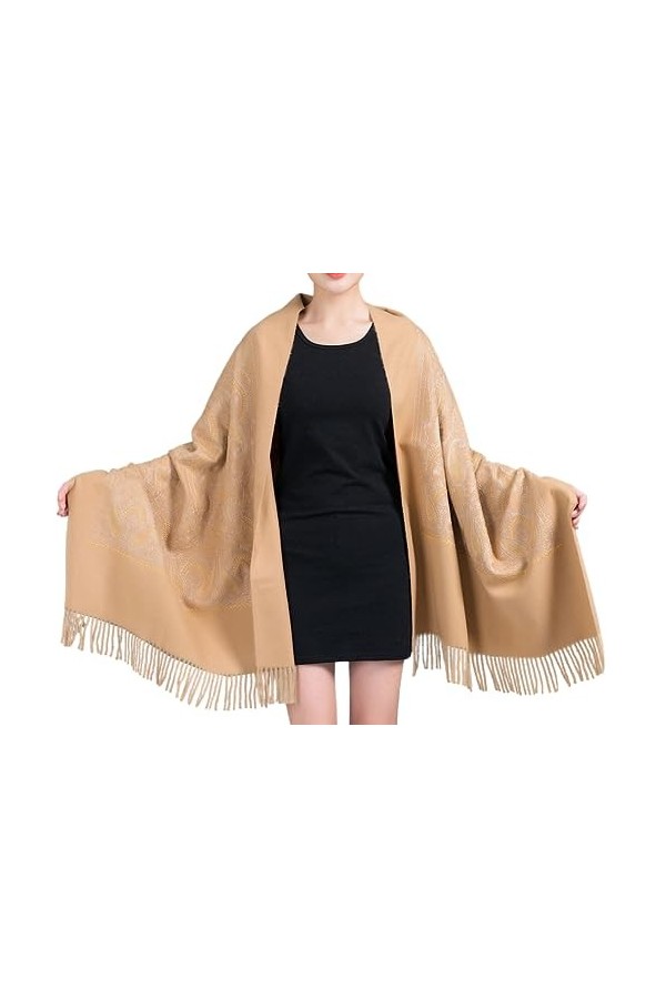 GFM® EMBSHL-A Châle en laine texturée, cachemire brodé, automne-hiver - marron clair- EMBSHL-4 hlkek 