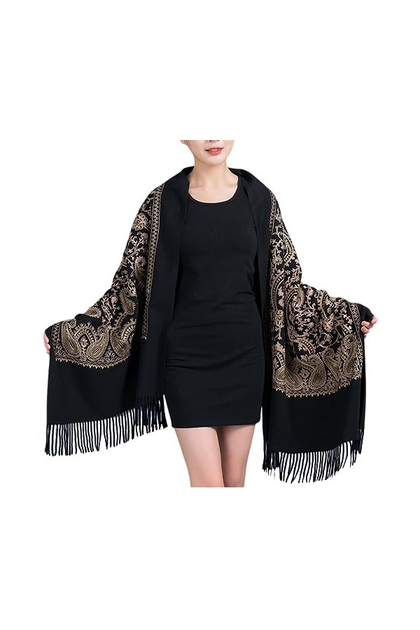 GFM® EMBSHL-A Châle en laine texturée, cachemire brodé, automne-hiver - marron clair- EMBSHL-4 hlkek 