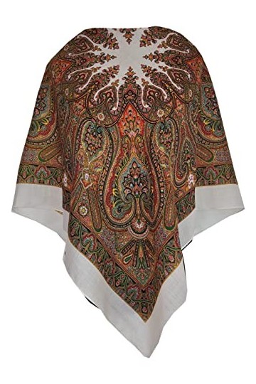 Écharpe folklorique pour femme avec cachemire et fleurs 100 % laine, étole de qualité supérieure 85 cm x 85 cm, Blanc.