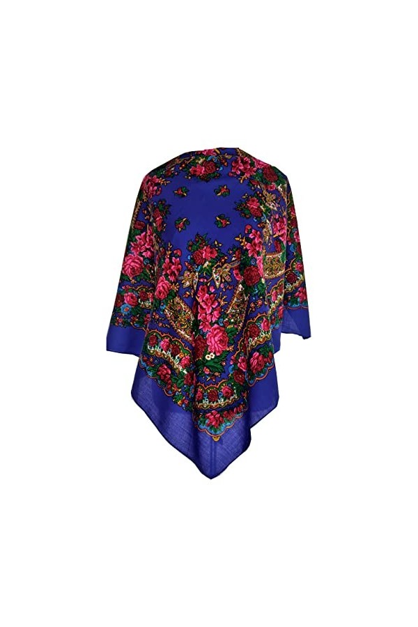 Écharpe pour femme 100 % laine, avec cachemire et fleurs étole de qualité supérieure – Très haute qualité 85 cm x 85 cm, bleu