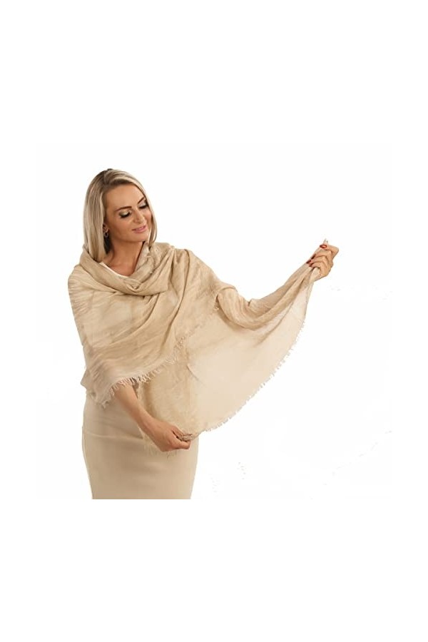 Écharpe en cachemire mélangée beige sable cachemire modal pashmina léger écharpe douce avec volants, Beige sable, XL