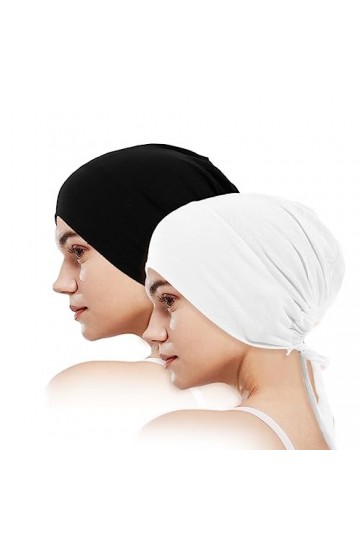 MIVAIUN 2 PCS Femmes Bonnet Bandeau Hijab Réglable Musulman Hijab Fermeture à Nouer au Dos Hijab de Couleur Unie Underscarf H