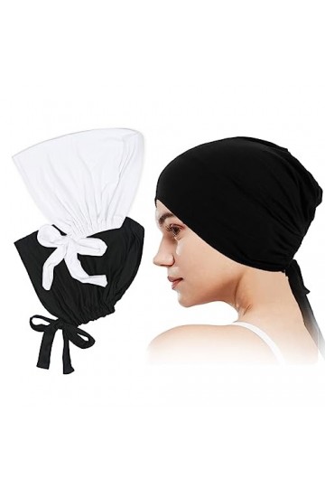 MIVAIUN 2 PCS Femmes Bonnet Bandeau Hijab Réglable Musulman Hijab Fermeture à Nouer au Dos Hijab de Couleur Unie Underscarf H