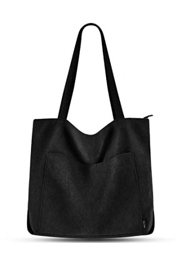 Prite Tote Bag Sac en Velours Côtelé Bandouliere Cabas Femme Homme Sac Fourre Tout avec Fermeture Éclair et Poches Noir 