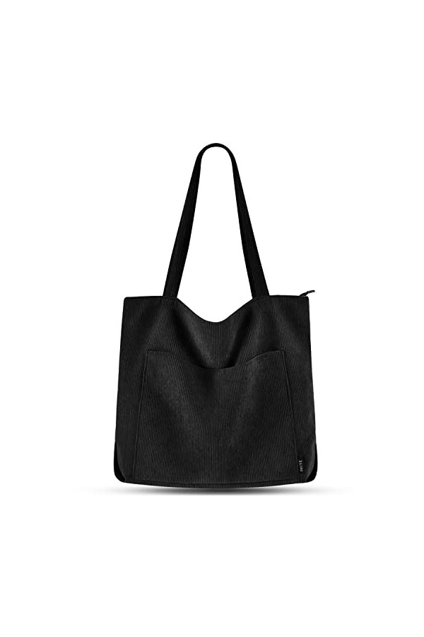 Prite Tote Bag Sac en Velours Côtelé Bandouliere Cabas Femme Homme Sac Fourre Tout avec Fermeture Éclair et Poches Noir 