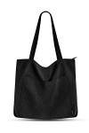 Prite Tote Bag Sac en Velours Côtelé Bandouliere Cabas Femme Homme Sac Fourre Tout avec Fermeture Éclair et Poches Noir 