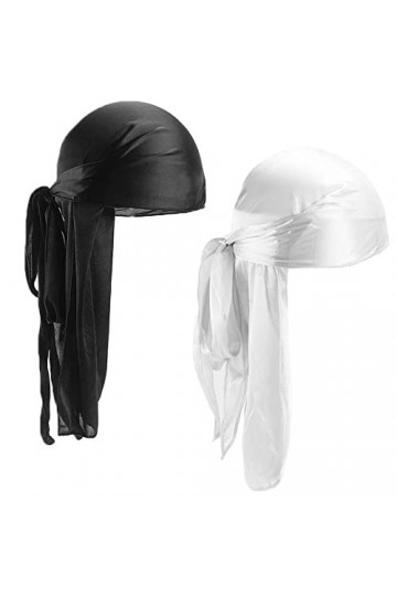 Mikihat 2Pcs turban Durag à Longue Queue, Unisexe Silk Durag Larges sangles Bandeaux Headwrap Bandanas Chapeau Hat Durag Pira